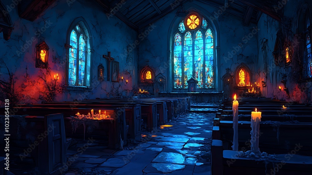A creepy cartoon-style abandoned church with shattered stained-glass windows and flickering candles glowing softly. Ghostly spirits swirl through the broken windows and empty aisles,
