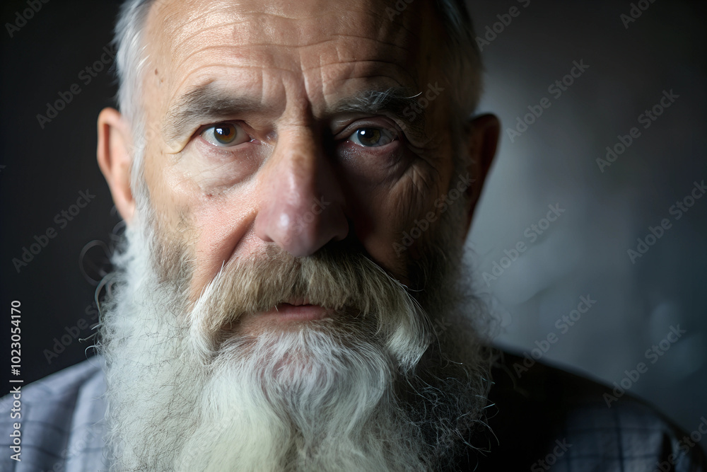 Realistic portrait of an caucasian elderly bearded curious man looking at the camera. Close up.