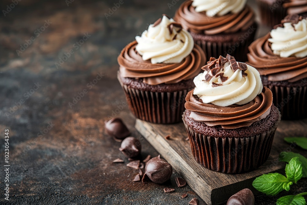 Delicious homemade cupcakes on rustic background - generative ai Delicious homemade cupcakes on rustic background - generative ai