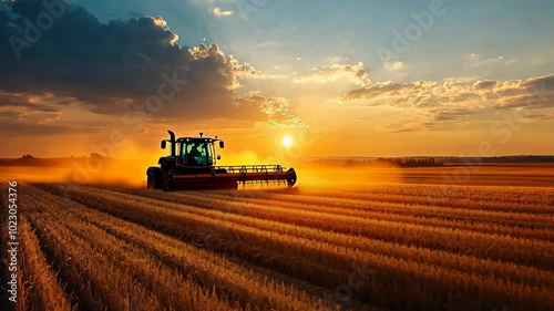 A combine harvester cuts through a field of golden wheat at sunset