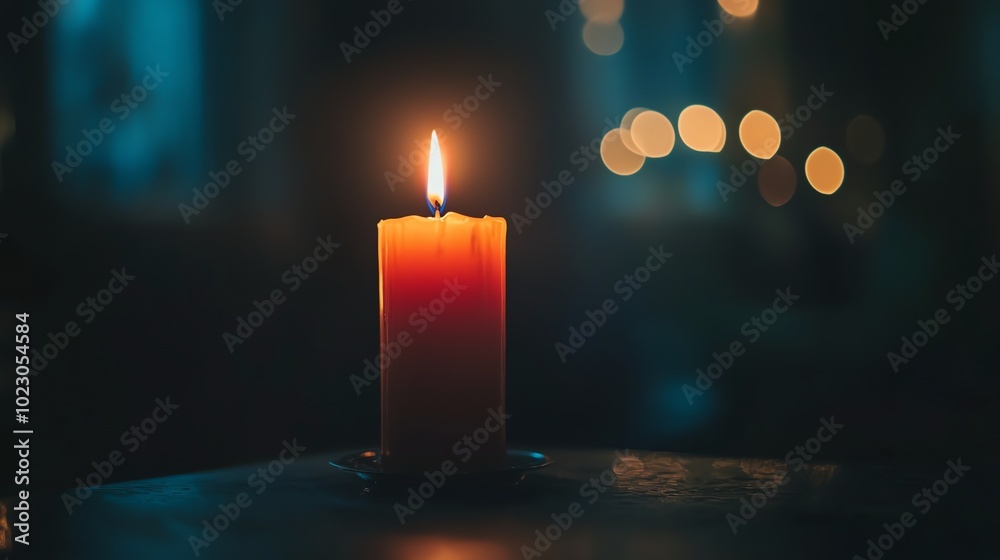 A lit candle on a dark, textured surface with blurry lights in the background. A lit candle on a dark, textured surface with blurry lights in the background.