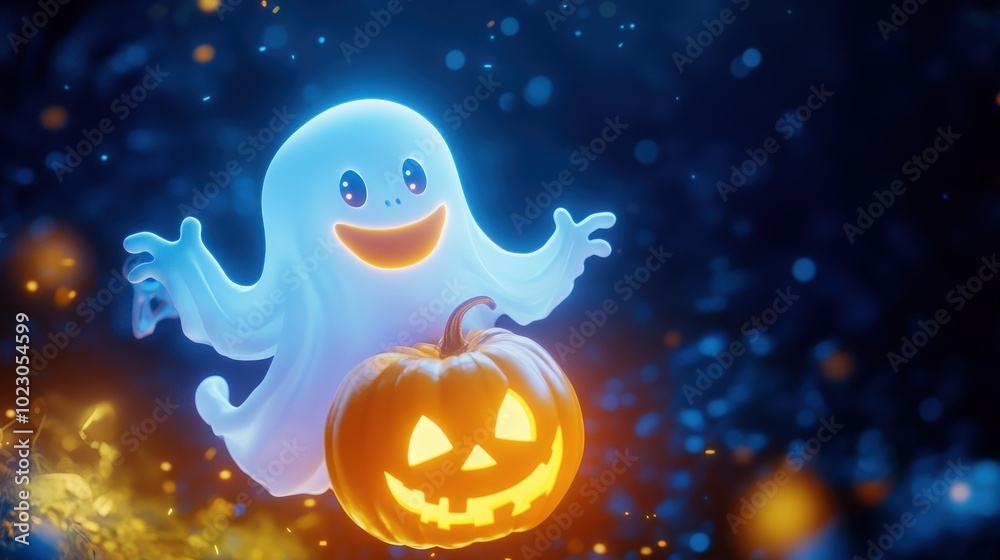 Smiling ghost carrying a cheerful pumpkin, floating through the night with Halloween joy Smiling ghost carrying a cheerful pumpkin, floating through the night with Halloween joy