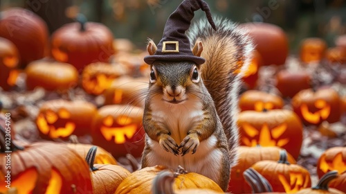 A whimsical squirrel in a witch hat stands among carved pumpkins, embodying the spirit of Halloween festivities and fun.