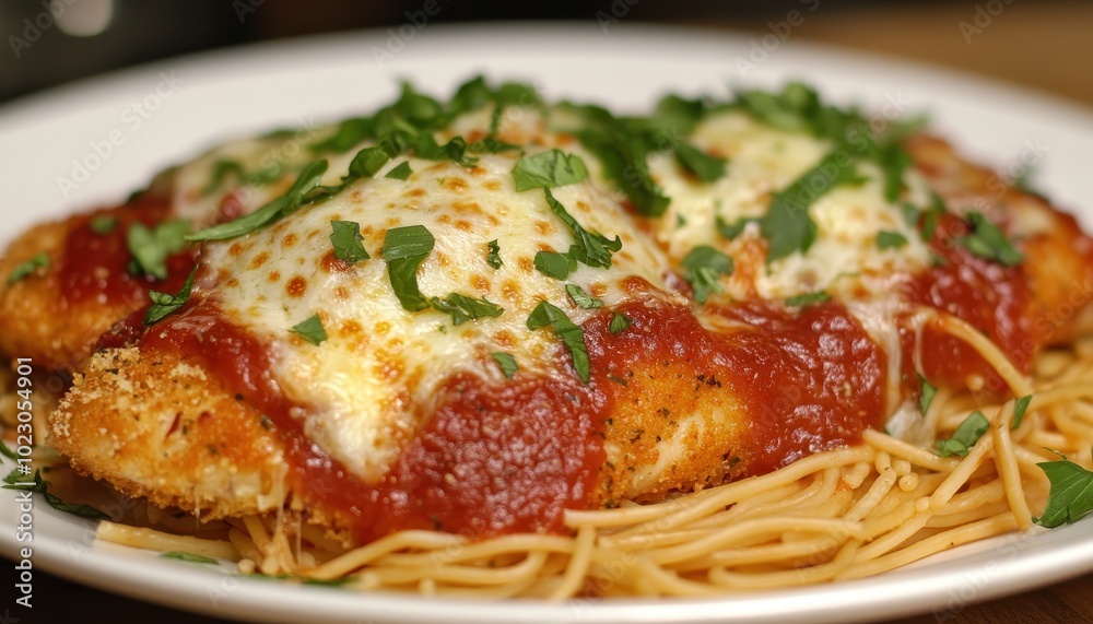 Delicious chicken parmesan served on a bed of spaghetti with fresh herbs and marinara sauce Delicious chicken parmesan served on a bed of spaghetti with fresh herbs and marinara sauce