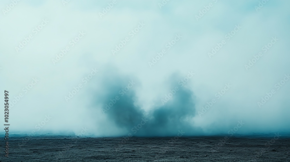 A large cloud of smoke billows in the distance against a blue sky. A large cloud of smoke billows in the distance against a blue sky.
