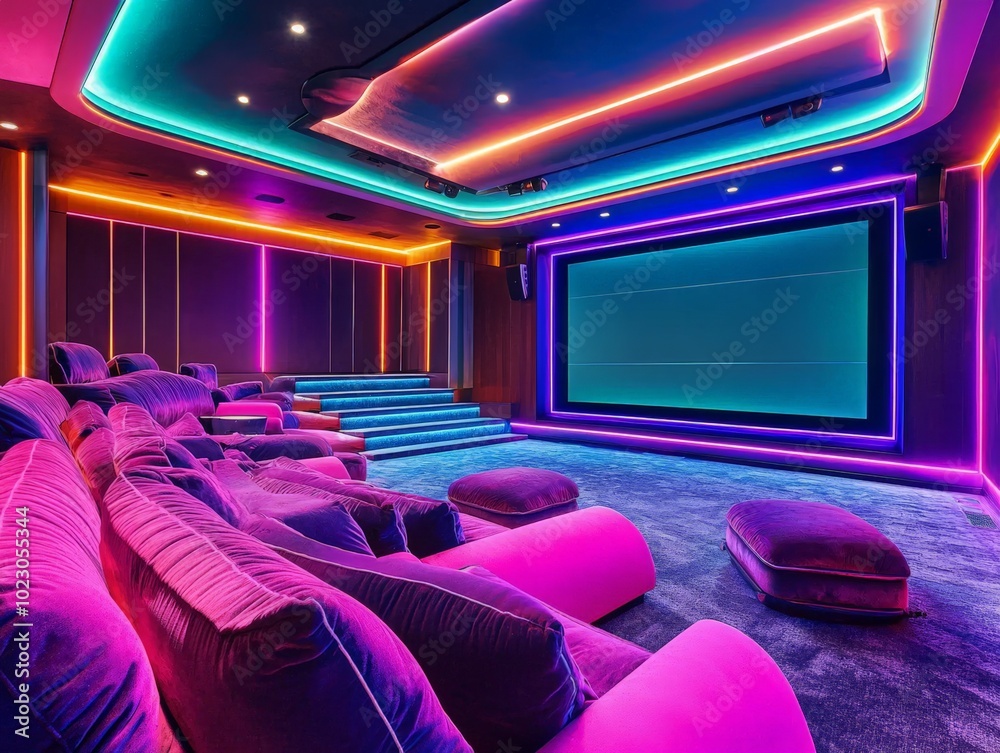 Fototapeta premium Vibrant Neon Lights in a Home Theater Room