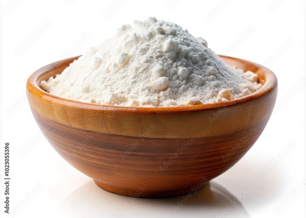 A clay bowl containing white powder sits against a white background. Featuring salt, sugar, and flour, it’s perfect for kitchen and culinary design illustrations. A clay bowl containing white powder sits against a white background. Featuring salt, sugar, and flour, it’s perfect for kitchen and culinary design illustrations.