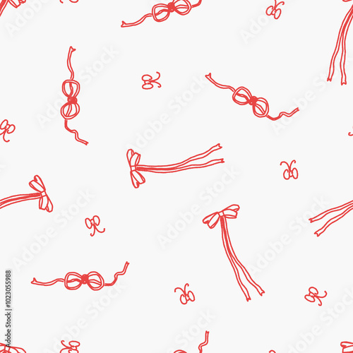 Seamless pattern with ribbon, red bow. coquette, pattern background, print, pattern, greeting card, wrapping paper, fashion, fabric, textile, wallpaper, cover. Childish naive doodle vector art