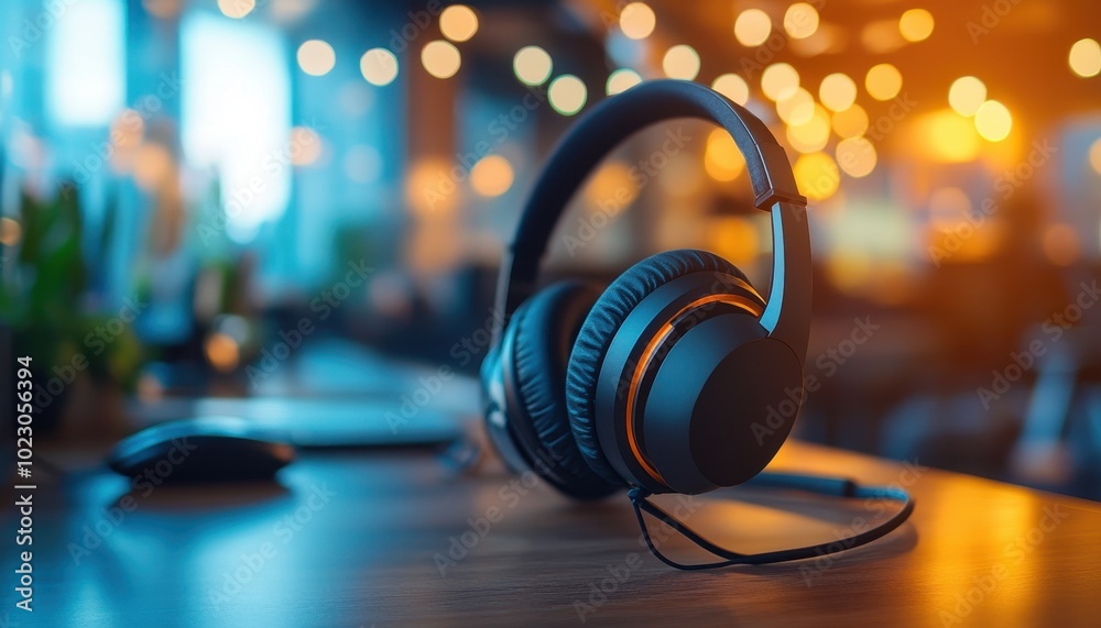 Headphones on a desk in a cozy tech workspace with warm lighting and blurred background elements Headphones on a desk in a cozy tech workspace with warm lighting and blurred background elements