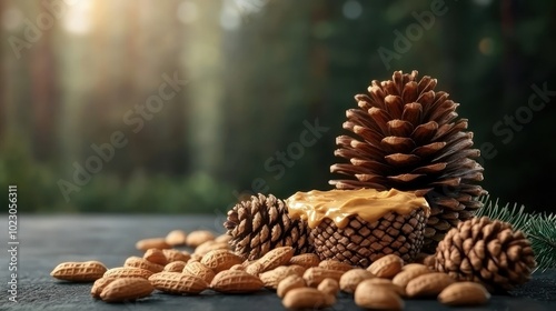 A natural display of pine cones and peanuts with creamy peanut butter