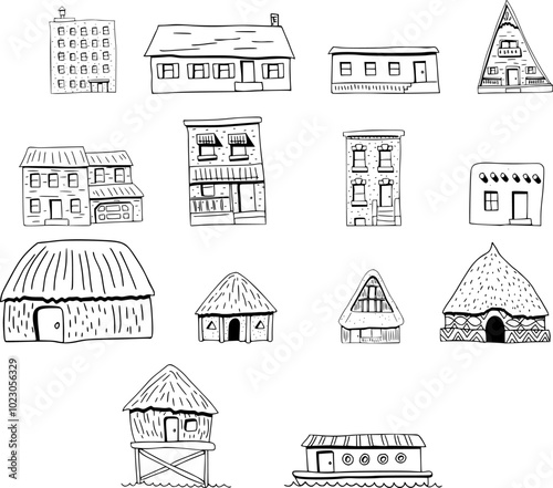 Hand-Drawn House and Hut Icon Set: Minimalist Home and Cottage Illustrations | Rustic and Urban Homes Icon Collection | Cottage and City Home Icon Set