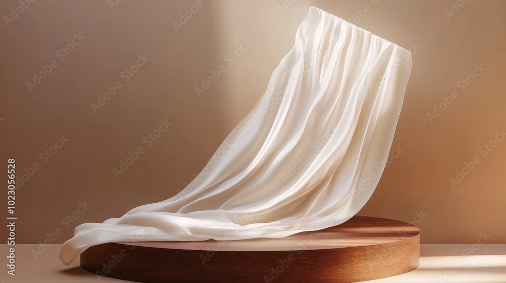 Sophisticated 3D display podium with a brown backdrop. Wooden frame pedestal with flowing silk cloth curtain. Sophisticated 3D display podium with a brown backdrop. Wooden frame pedestal with flowing silk cloth curtain.