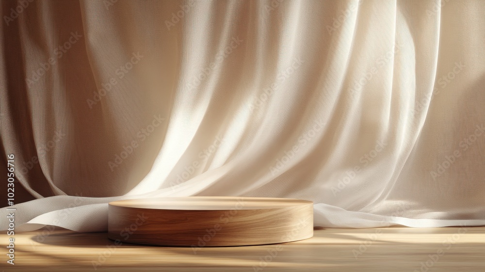Sophisticated 3D render of a display podium with brown background and wooden frame pedestal. Silk curtain flowing gracefully in the wind. Sophisticated 3D render of a display podium with brown background and wooden frame pedestal. Silk curtain flowing gracefully in the wind.