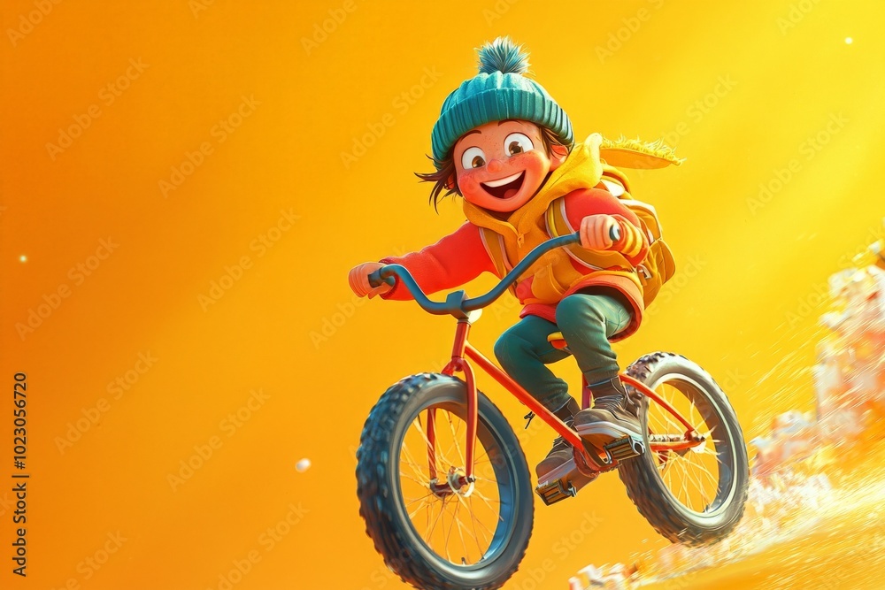 Fototapeta premium Happy Cartoon Character Riding Bicycle in Bright Colors