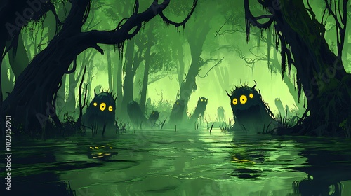 A creepy swamp scene, cartoon style, with crooked trees and a dense green fog that shrouds the ground. Shadowy creatures with glowing eyes move within the fog, photo