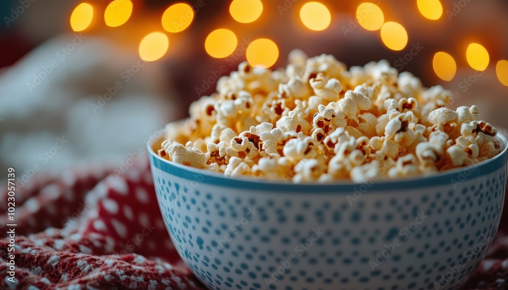 Enjoying a cozy movie night indoors with popcorn and warm lights in a comfortable setting Enjoying a cozy movie night indoors with popcorn and warm lights in a comfortable setting