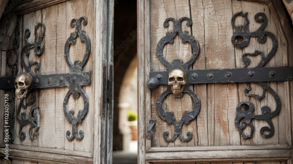 Ornate Wooden Doors with Skull Detailing Ornate Wooden Doors with Skull Detailing