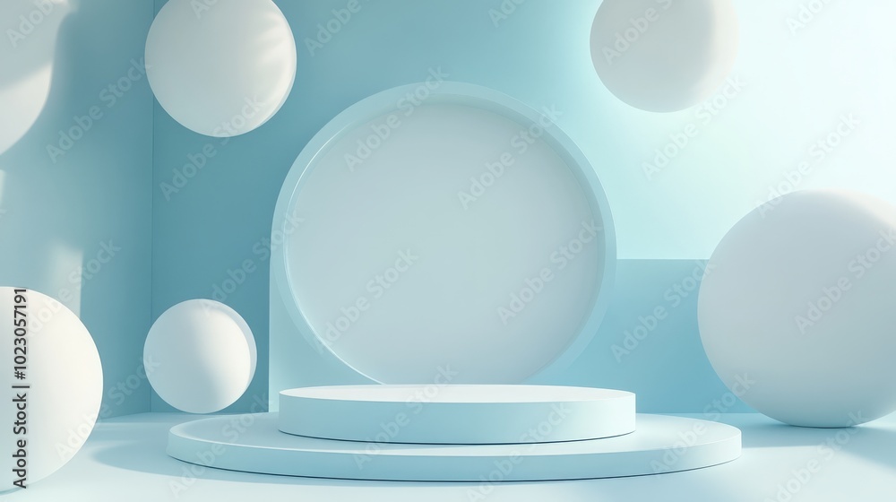 Sophisticated 3D render with a podium and a pastel blue and white abstract background. Ideal for social media banners and cosmetic products, Sophisticated 3D render with a podium and a pastel blue and white abstract background. Ideal for social media banners and cosmetic products,