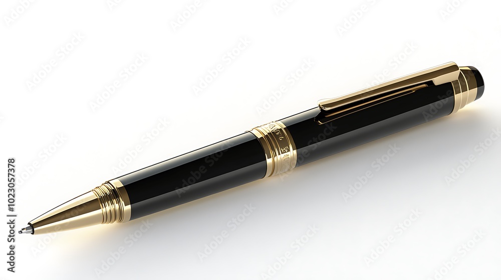 Shiny metallic pen with a sleek body and gold accents, placed elegantly on a white surface, symbolizing professionalism and the art of writing with style Shiny metallic pen with a sleek body and gold accents, placed elegantly on a white surface, symbolizing professionalism and the art of writing with style