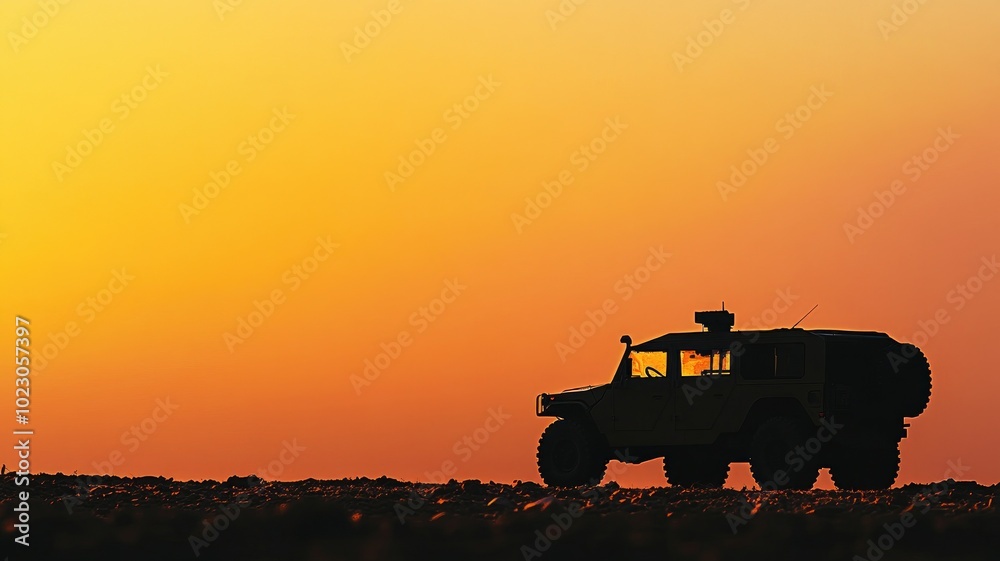 Silhouette of off-road vehicle against sunset sky Silhouette of off-road vehicle against sunset sky