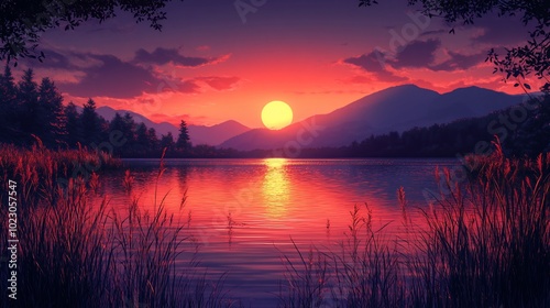 A serene sunset over a tranquil lake, surrounded by mountains and lush vegetation.