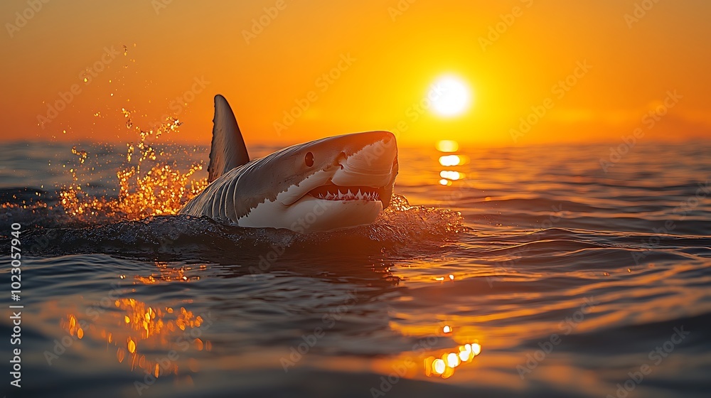 Fototapeta premium Great white shark jumps out of the water at sunset.