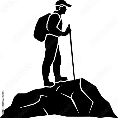 Hiker Standing on Rock Summit in Vector Style