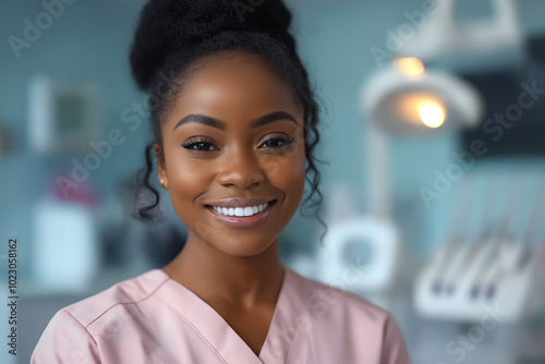 Afro American Smiling Female Healthcare Professional Dentist in Pink Scrubs at Medical Office