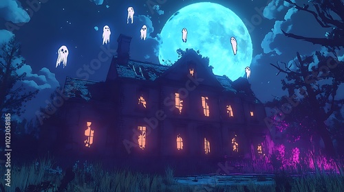 A dark, abandoned mansion, cartoon style, with cracked walls and broken windows. Ghosts float above the roof, glowing softly in the moonlight,