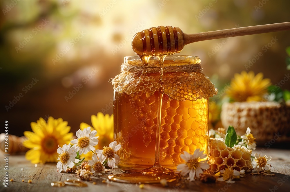 Golden Honey Jar with Dripping Wooden Stick and Winged Insects Amid Fresh Flowers Golden Honey Jar with Dripping Wooden Stick and Winged Insects Amid Fresh Flowers
