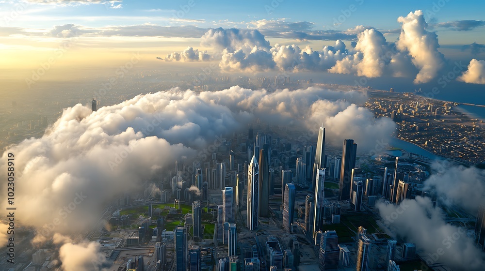 Fototapeta premium Aerial View of Modern Cityscape with Clouds at Sunset