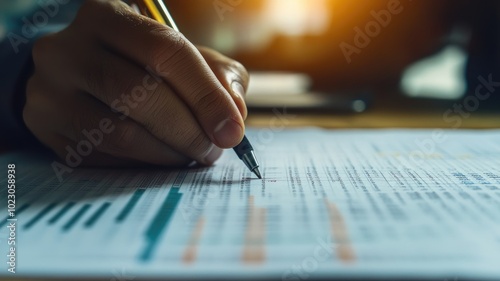 Close-up of hand holding pen, writing on documents under warm light