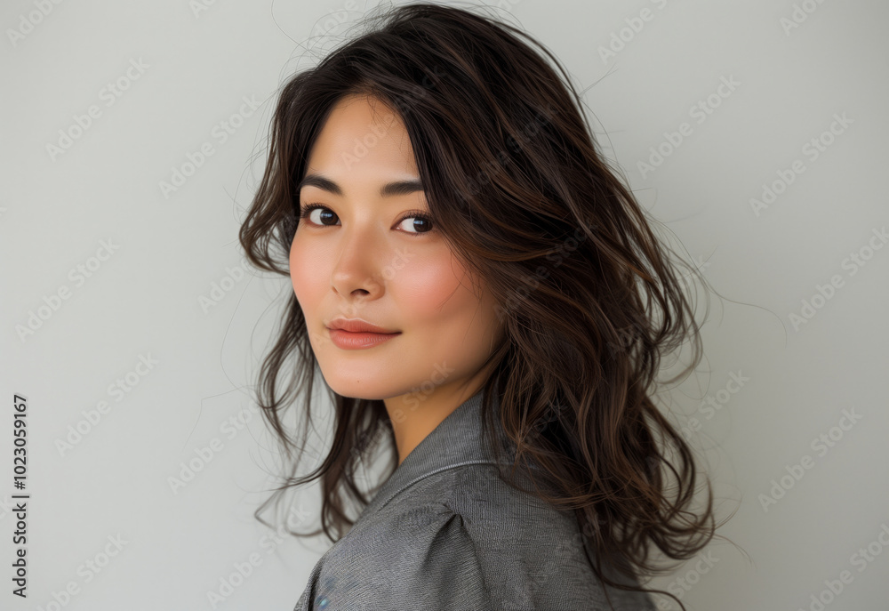 Profile Portrait of an Asian Woman with Wavy Hair in a Studio Setting Profile Portrait of an Asian Woman with Wavy Hair in a Studio Setting