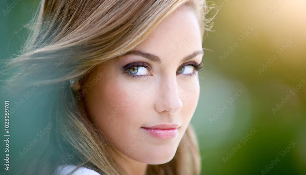 Young woman with long hair gazes thoughtfully while surrounded by soft natural light in an outdoor setting Young woman with long hair gazes thoughtfully while surrounded by soft natural light in an outdoor setting