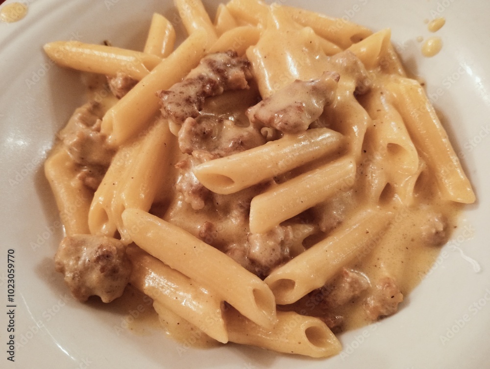 short pasta with sausage and cheese sauce. Italian cuisine