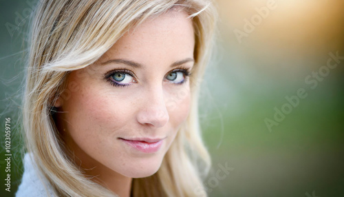 A close-up portrait of a woman with blonde hair and striking blue eyes in a blurred outdoor setting during golden hour