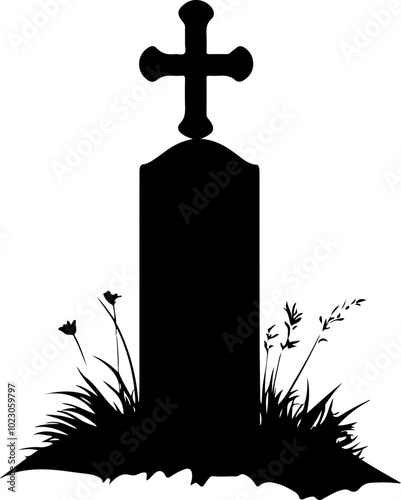Silhouette of a Grave Marker with Cross and Grass