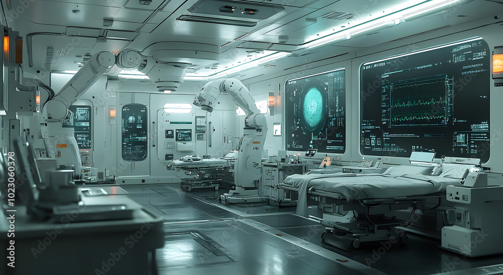 A Futuristic Medical Operating Room with Robotic Arms. An advanced operating room featuring high-tech equipment and robotic arms, illustrating the future of surgery and medical technology.
A Futuristic Medical Operating Room with Robotic Arms. An advanced operating room featuring high-tech equipment and robotic arms, illustrating the future of surgery and medical technology.