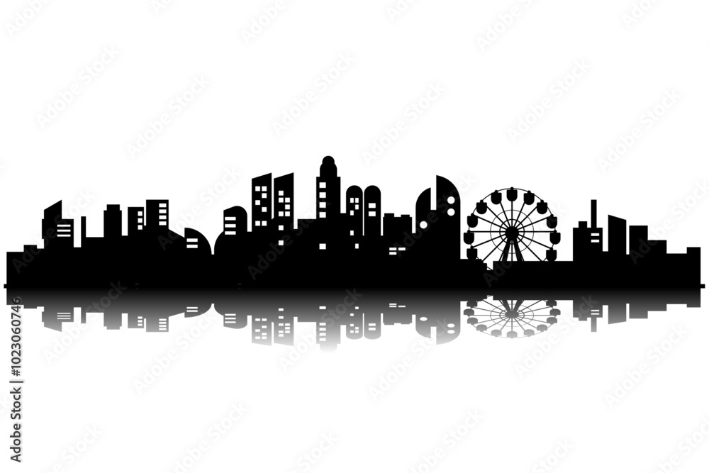vector skyline of the city with reflection below with ferris wheel vector skyline of the city with reflection below with ferris wheel