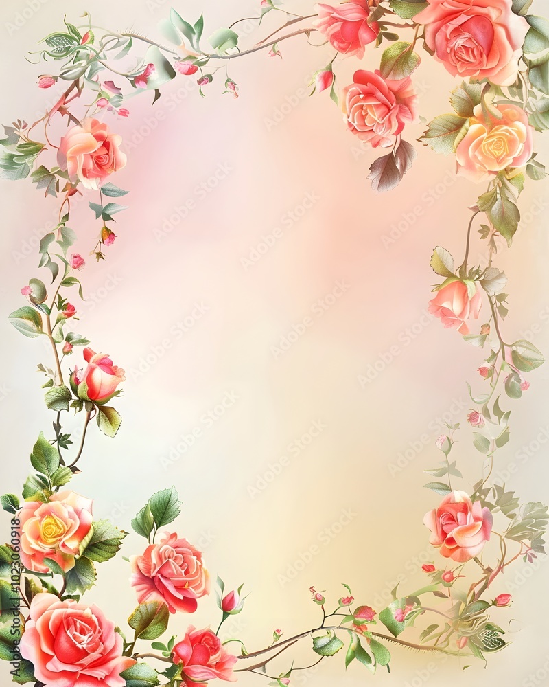 Obraz premium Romantic Floral Frame with Blooming Roses and Delicate Vines on Gradient Background