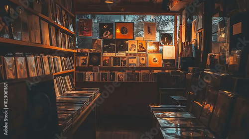 A record store interior with shelves full of vinyl records and posters on the window.