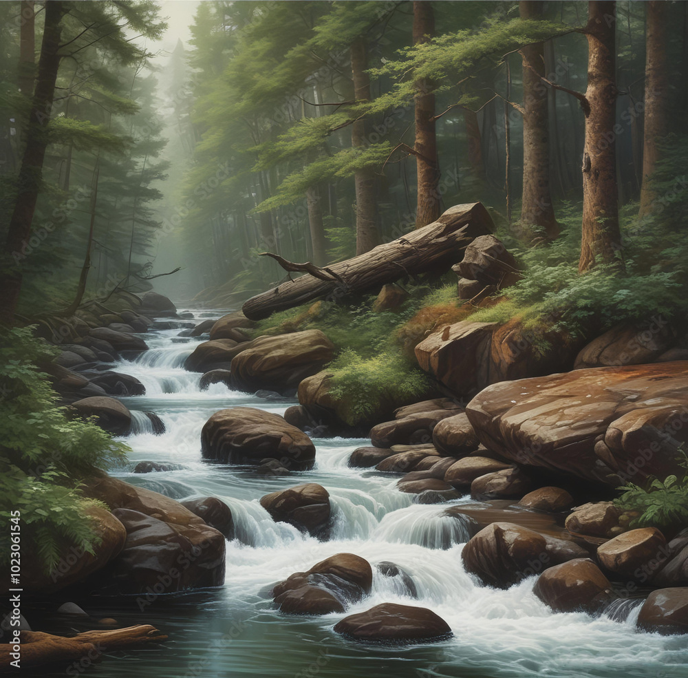 Fototapeta premium Realistic illustration of rocky small creack with cascade in wild forest.
