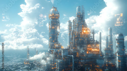 3D Rendering of Industrial Cloud Technology. A detailed 3D illustration showcasing advanced industrial cloud technology, with interconnected devices and data streams represented in a sleek, modern sty