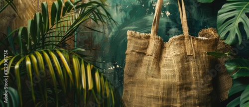 A jute bag hangs by a green door with tropical plants. Natural and ethnic ambiance created with mottled texture and yellowish parts. Serene, relaxed, and dominantly green color theme.