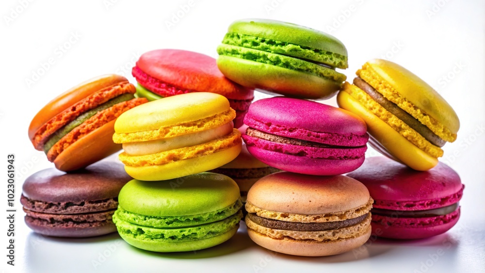 Bright, colorful macaroons displayed on a white background are a delightful indulgence for dessert enthusiasts and anyone craving a sweet treat that satisfies. Bright, colorful macaroons displayed on a white background are a delightful indulgence for dessert enthusiasts and anyone craving a sweet treat that satisfies.