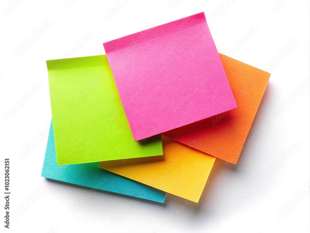 Brightly colored sticky notes scattered on an isolated white background, each with a blank area ready for writing, ideal for capturing thoughts and reminders. Brightly colored sticky notes scattered on an isolated white background, each with a blank area ready for writing, ideal for capturing thoughts and reminders.
