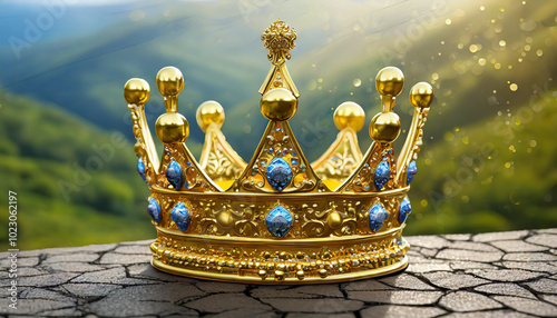 A beautifully crafted golden crown adorned with blue gemstones resting on a cracked stone surface in a serene landscape photo