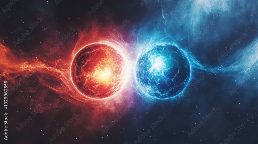 Red and Blue Glowing Spheres in Cosmic Collision