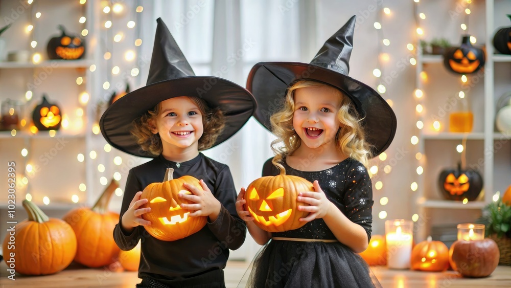 Happy children celebrate Halloween Happy children celebrate Halloween