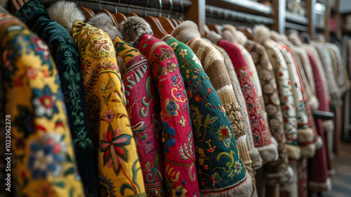 Colorful clothes hang on hangers